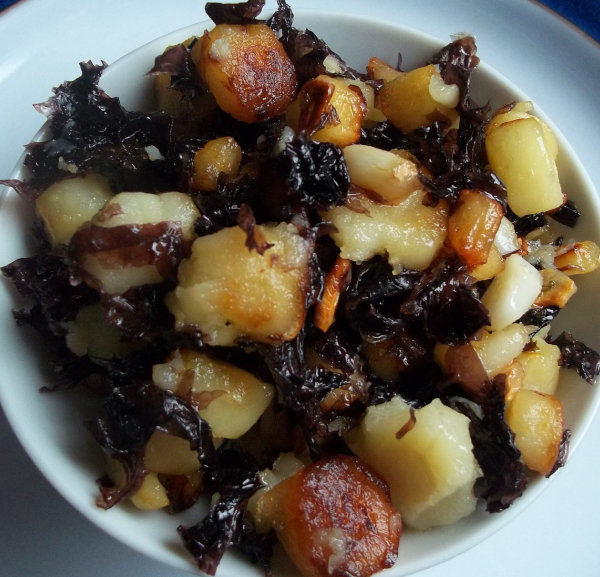 Irish purple laver with roasted parsnip in dish.